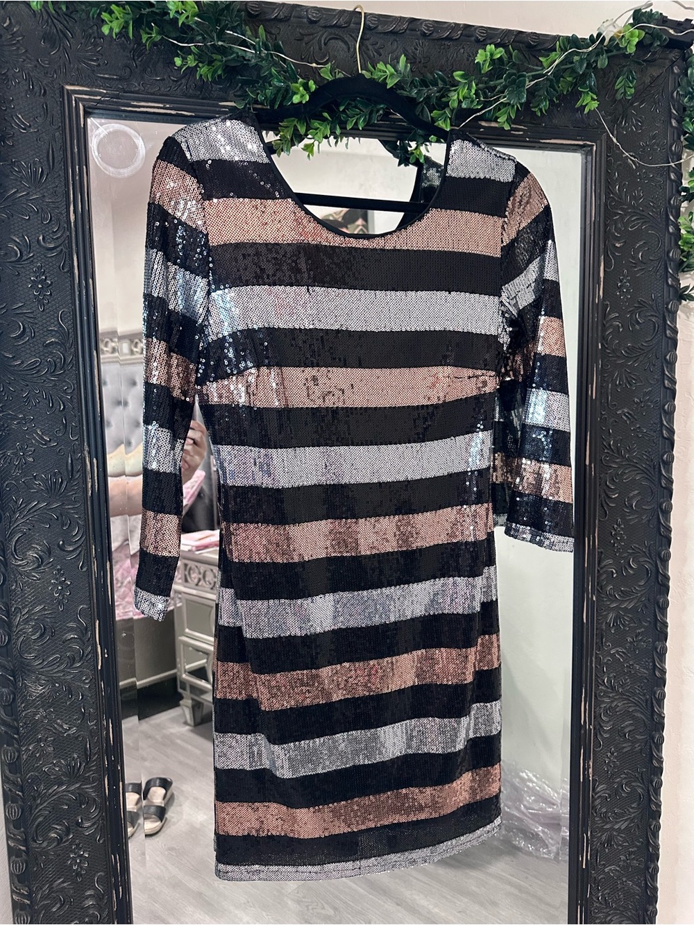 Black, Rose Gold & Silver Striped Sequin Long Sleeve Dress